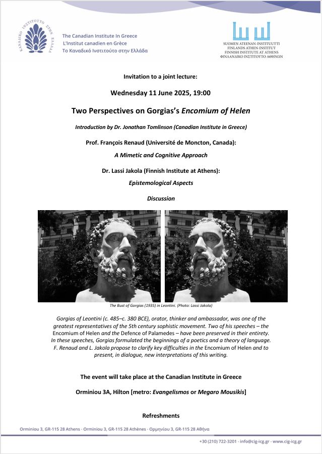Invitation to a joint lecture event Two Perspectives on Gorgias’s Encomium of Helen on the 11th of June 2025 at 7 PM. Full program available below for screen readers.